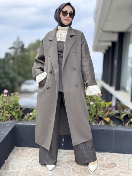 WOM BTQ Hakiki Zibellino Kuşaklı Düğmeli Yün Kaban