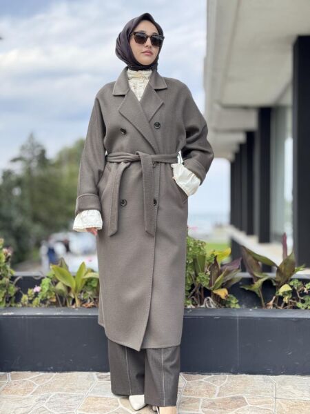 WOM BTQ Hakiki Zibellino Kuşaklı Düğmeli Yün Kaban