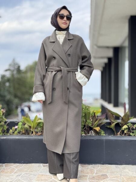 WOM BTQ Hakiki Zibellino Kuşaklı Düğmeli Yün Kaban