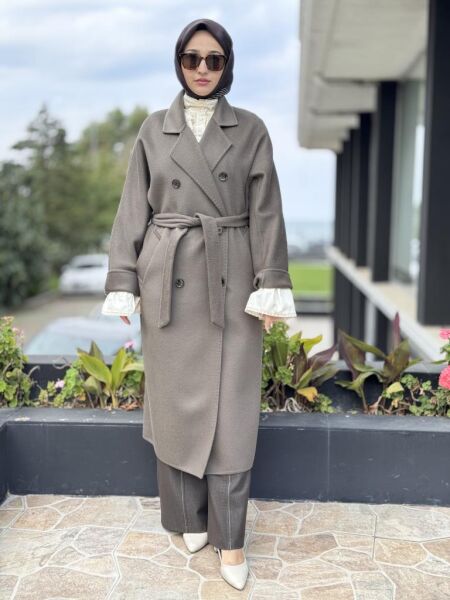 WOM BTQ Hakiki Zibellino Kuşaklı Düğmeli Yün Kaban