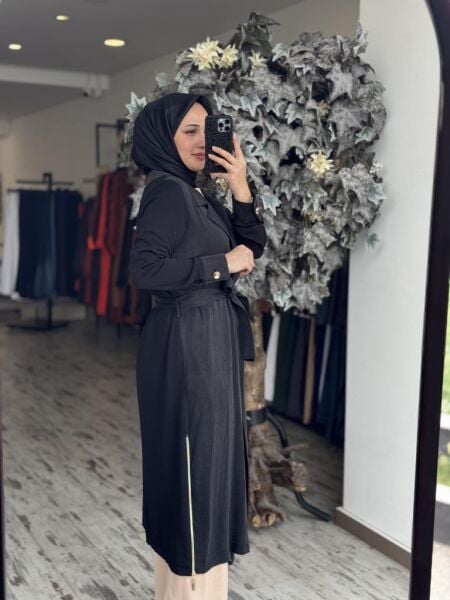 Tığ Triko Kumaş Kombinli Yanları Fermuarlı Uzun Triko Ceket CKT21870