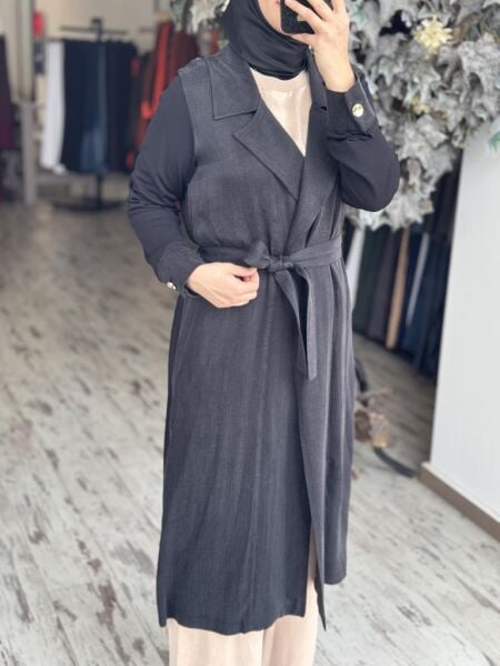 Tığ Triko Kumaş Kombinli Yanları Fermuarlı Uzun Triko Ceket CKT21870