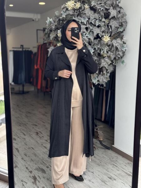 Tığ Triko Kumaş Kombinli Yanları Fermuarlı Uzun Triko Ceket CKT21870