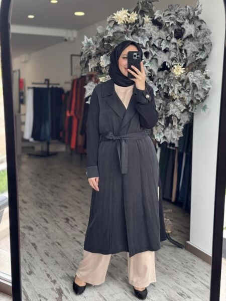 Tığ Triko Kumaş Kombinli Yanları Fermuarlı Uzun Triko Ceket CKT21870