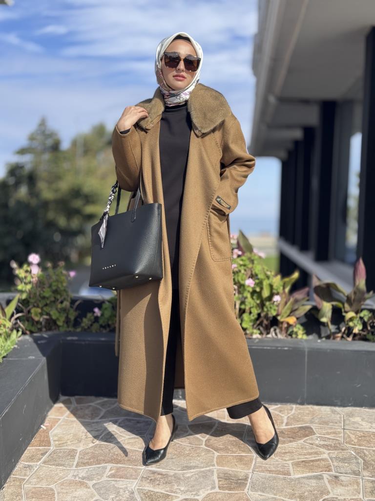 WOM BTQ Seyyar Kürklü Kuşaklı Zibellino Yün Kaban