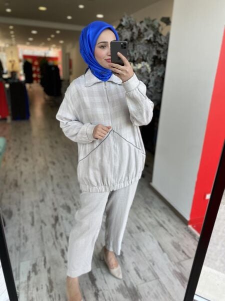 Almarwah Fermuarlı Ekose Desenli Kap Pantolon Takım 202759