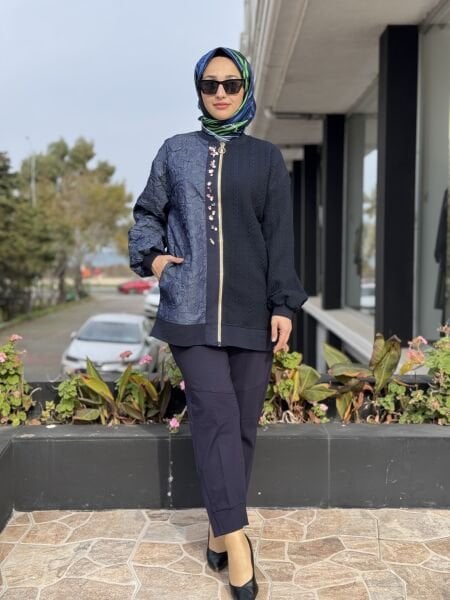 Ghisa Renkli Taş Detaylı Fermauarlı  Lacivert Ceket 3283