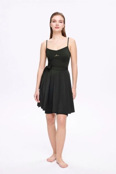 Haşema Parlak Kumaş Terra Yeşil 3 Parça Yarı Kapalı Mayo-Tulum Takımı HSM5053