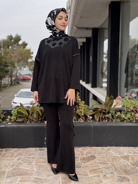 Ghisa Deri Detaylı Büzgü Yaka Tunik Pantolon Takım G4136