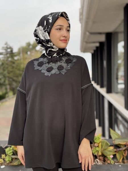 Ghisa Deri Detaylı Büzgü Yaka Tunik Pantolon Takım G4136