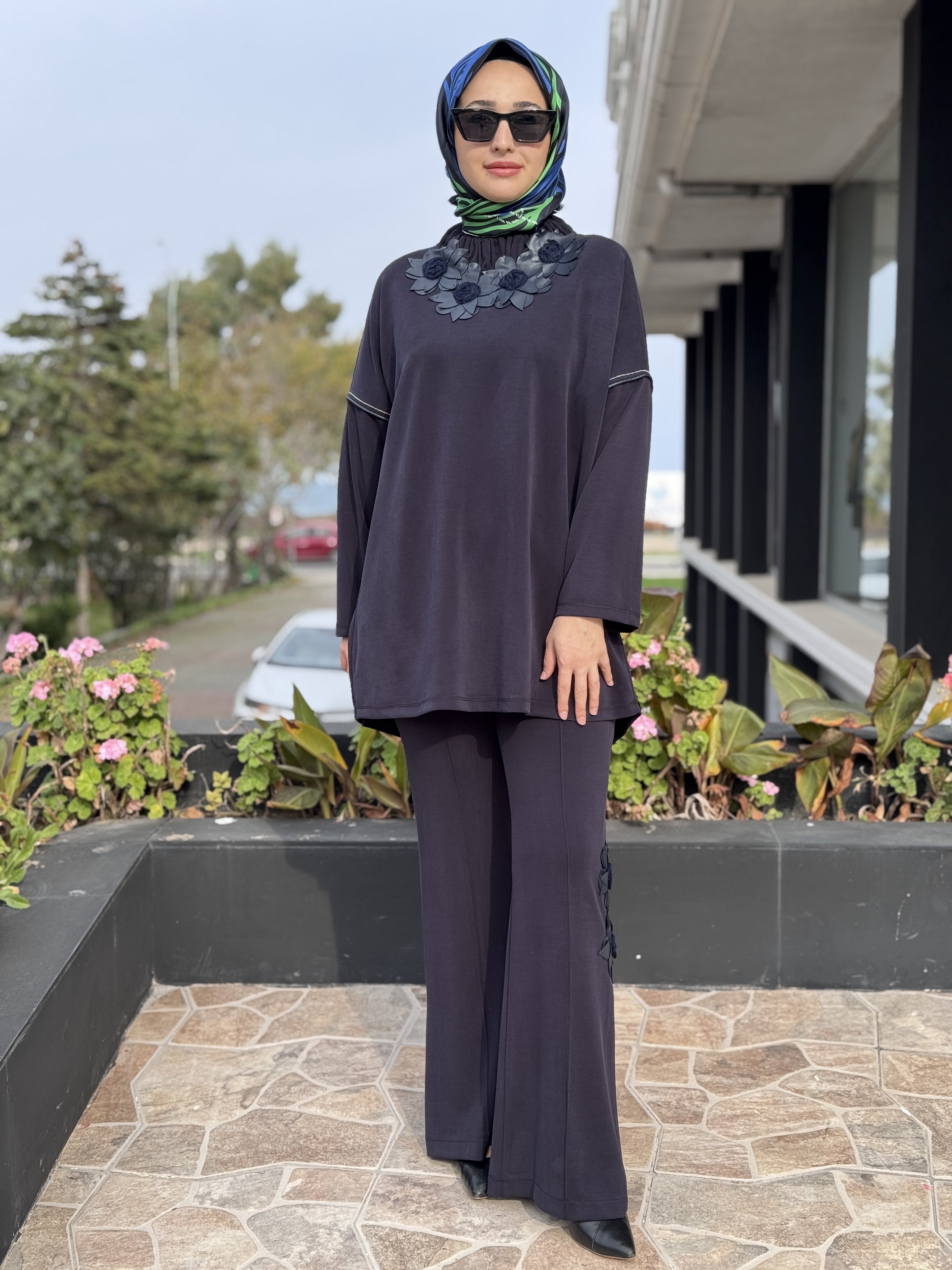 Ghisa Deri Detaylı Büzgü Yaka Tunik Pantolon Takım G4136