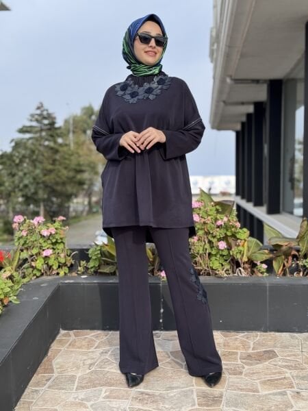 Ghisa Deri Detaylı Büzgü Yaka Tunik Pantolon Takım G4136