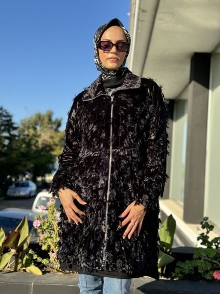 Misswhence Saçak Detaylı Siyah Kadife Kap 36413