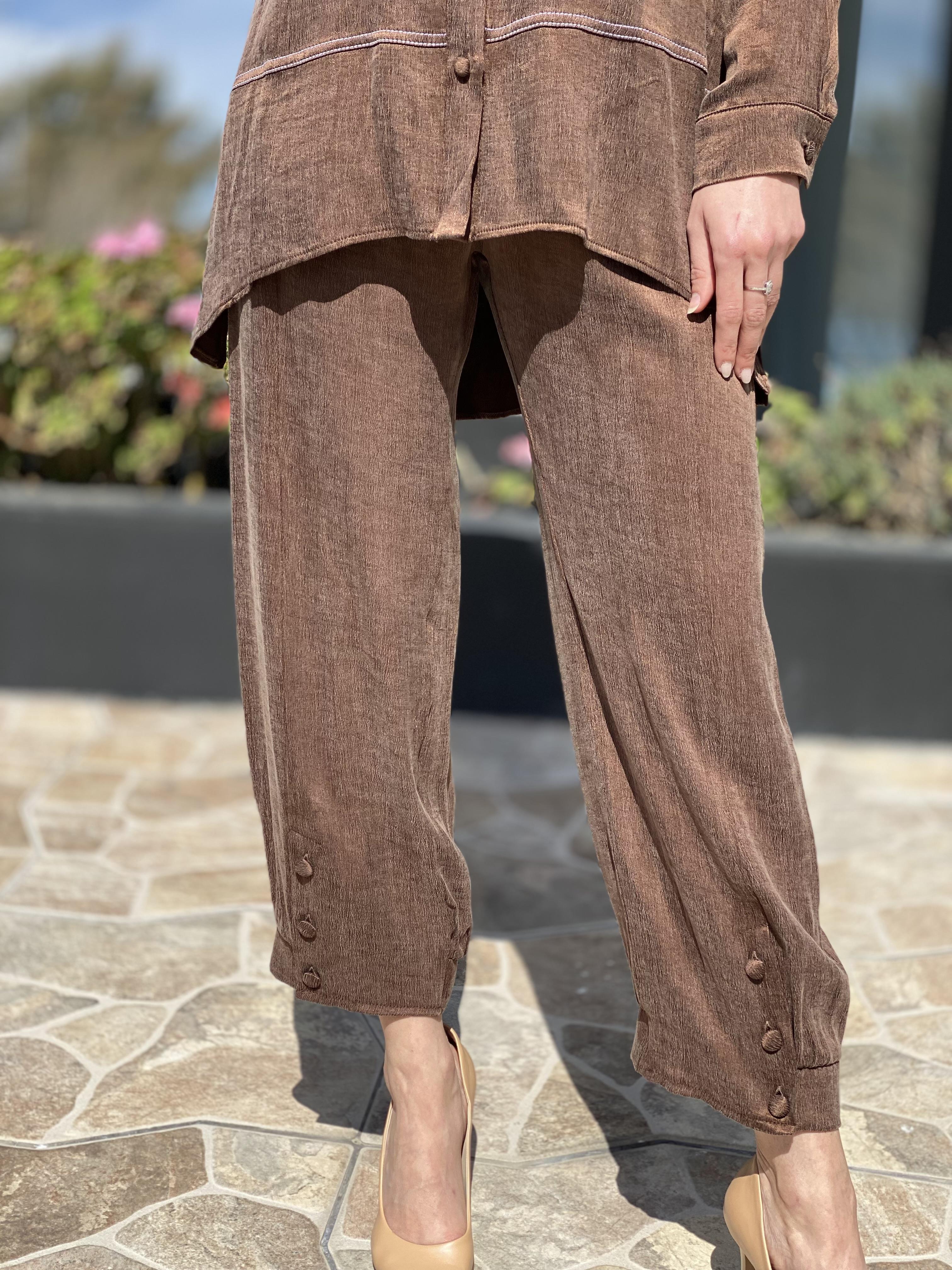 Almarwah Paçası Düğmeli Beli Lastikli Cupra İpek Pantolon 606045 KAHVE - 36