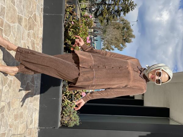 Almarwah Paçası Düğmeli Beli Lastikli Cupra İpek Pantolon 606045 KAHVE - 36