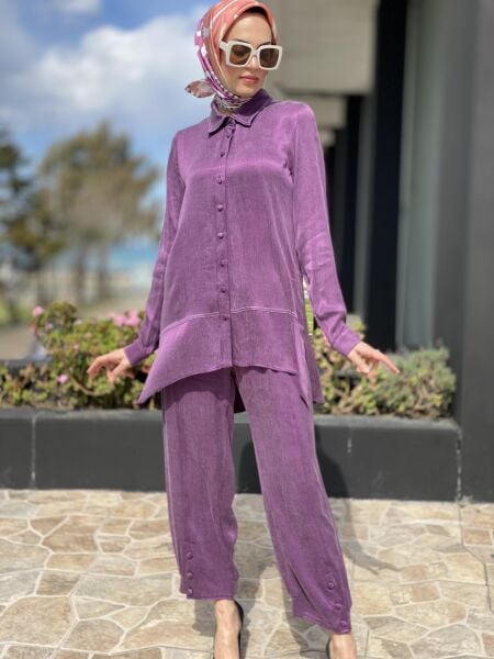 Almarwah Paçası Düğmeli Beli Lastikli Cupra İpek Pantolon 606045 MÜRDÜM - 38