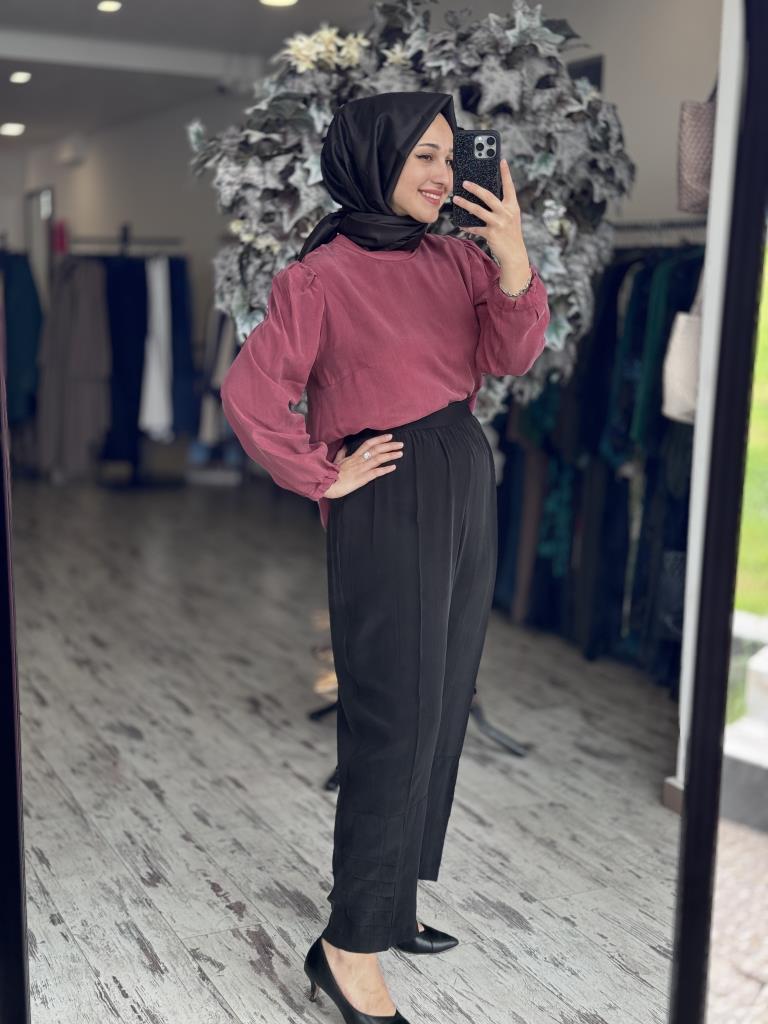 Misswhence Paçası Drape Detaylı Beli Lastikli Cupra İpek Pantolon 37108