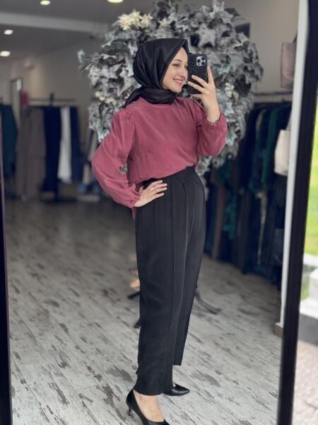 Misswhence Paçası Drape Detaylı Beli Lastikli Cupra İpek Pantolon 37108