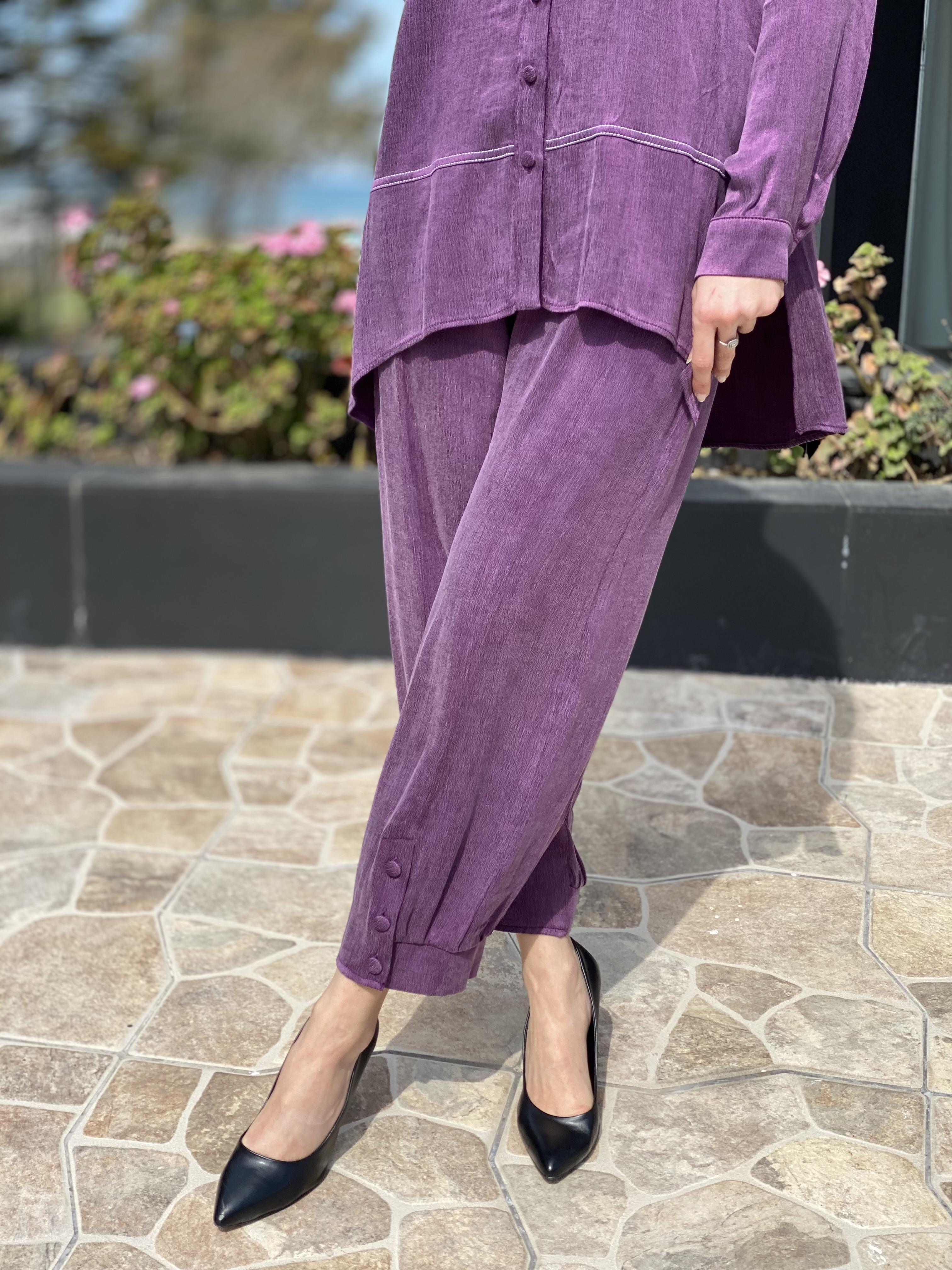 Almarwah Paçası Düğmeli Beli Lastikli Cupra İpek Pantolon 606045 MÜRDÜM - 40