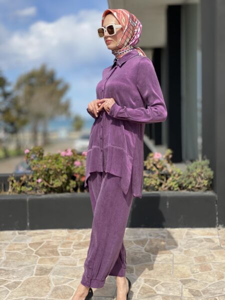 Almarwah Paçası Düğmeli Beli Lastikli Cupra İpek Pantolon 606045 MÜRDÜM - 42