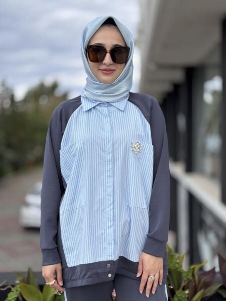 Tığ Triko Çizgili Poplin Mix Pantolonlu Takım TKM3065