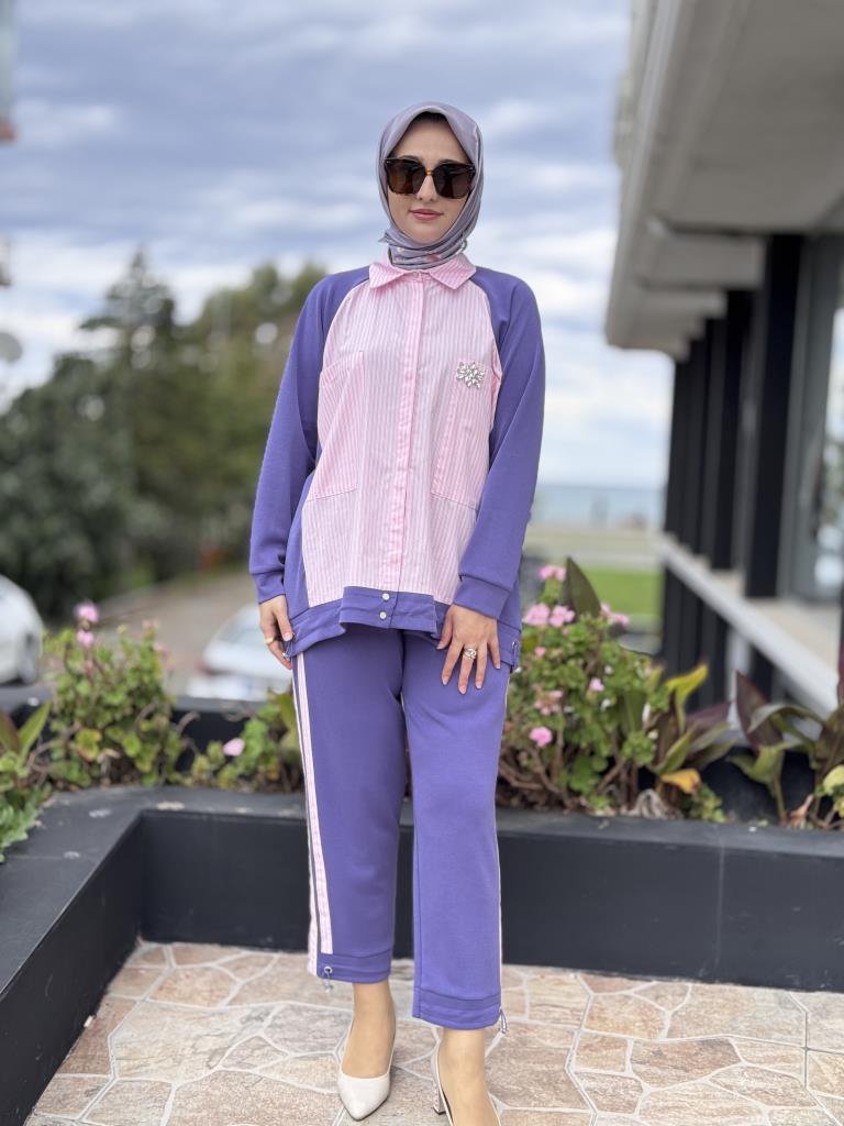 Tığ Triko Çizgili Poplin Mix Pantolonlu Takım TKM3065