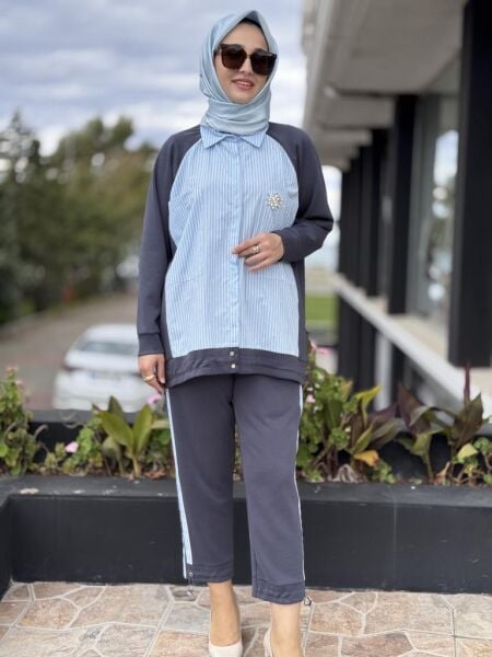 Tığ Triko Çizgili Poplin Mix Pantolonlu Takım TKM3065