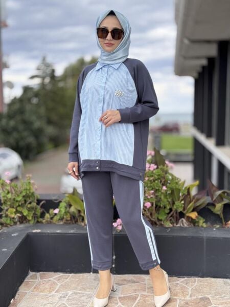 Tığ Triko Çizgili Poplin Mix Pantolonlu Takım TKM3065