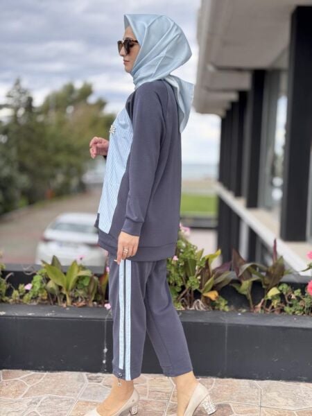 Tığ Triko Çizgili Poplin Mix Pantolonlu Takım TKM3065