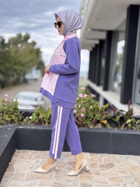 Tığ Triko Çizgili Poplin Mix Pantolonlu Takım TKM3065