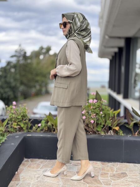 Tığ Triko Tek Düğmeli Yelek Pantolon Takım TKM5033