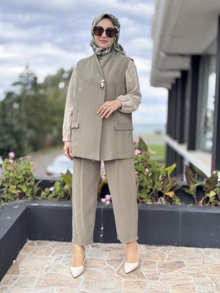 Tığ Triko Tek Düğmeli Yelek Pantolon Takım TKM5033