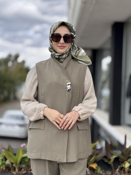 Tığ Triko Tek Düğmeli Yelek Pantolon Takım TKM5033