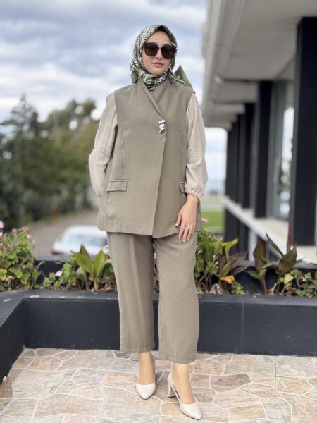 Tığ Triko Tek Düğmeli Yelek Pantolon Takım TKM5033