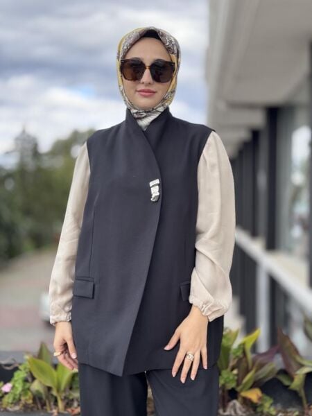 Tığ Triko Tek Düğmeli Yelek Pantolon Takım TKM5033