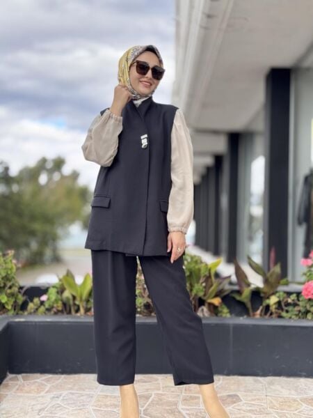 Tığ Triko Tek Düğmeli Yelek Pantolon Takım TKM5033