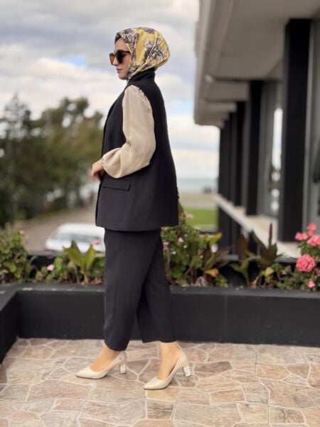 Tığ Triko Tek Düğmeli Yelek Pantolon Takım TKM5033