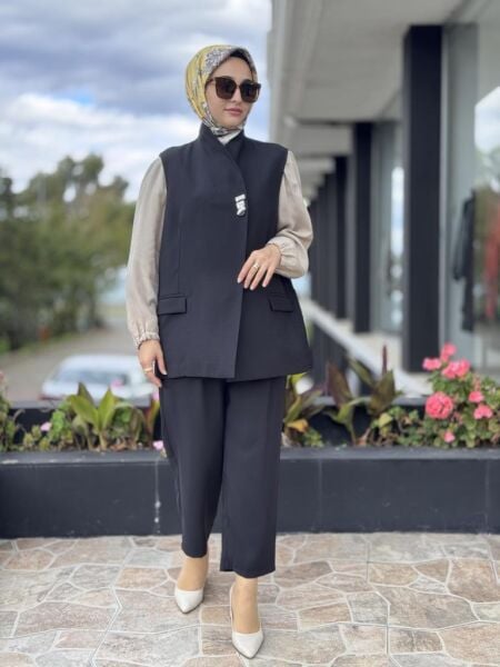 Tığ Triko Tek Düğmeli Yelek Pantolon Takım TKM5033