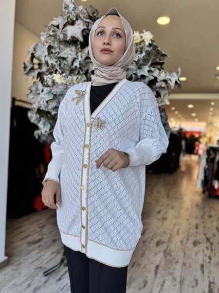 Ghisa Kuş Broş Detaylı Düğmeli Triko Hırka 3898 EKRU - 1