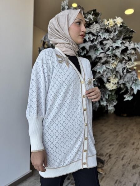 Ghisa Kuş Broş Detaylı Düğmeli Triko Hırka 3898 EKRU - 1