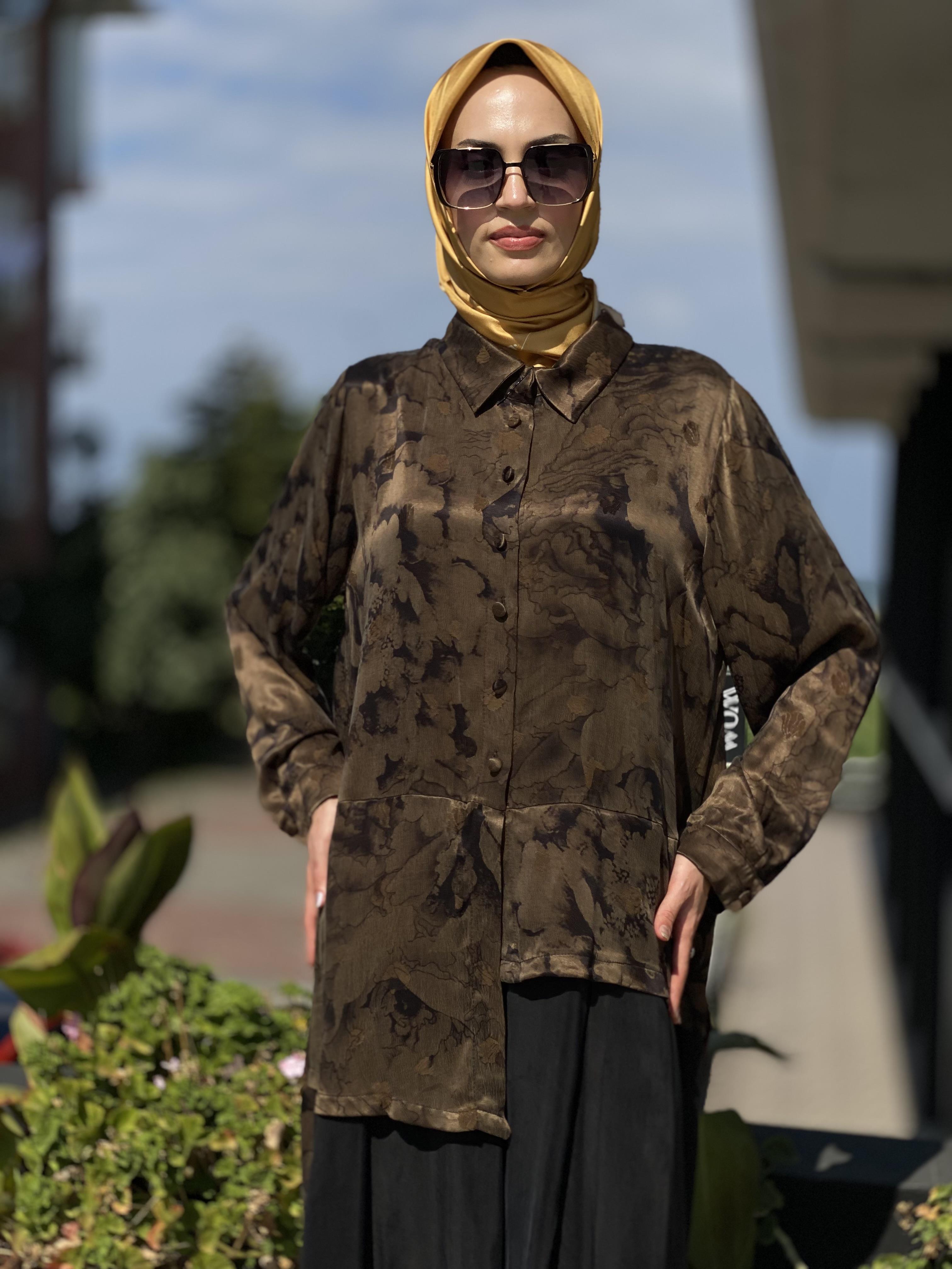 Misswhence Büyük Beden Desenli Siyah-Haki Cupra Elbise V2820