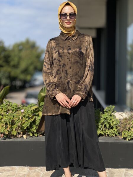 Misswhence Büyük Beden Desenli Siyah-Haki Cupra Elbise V2820