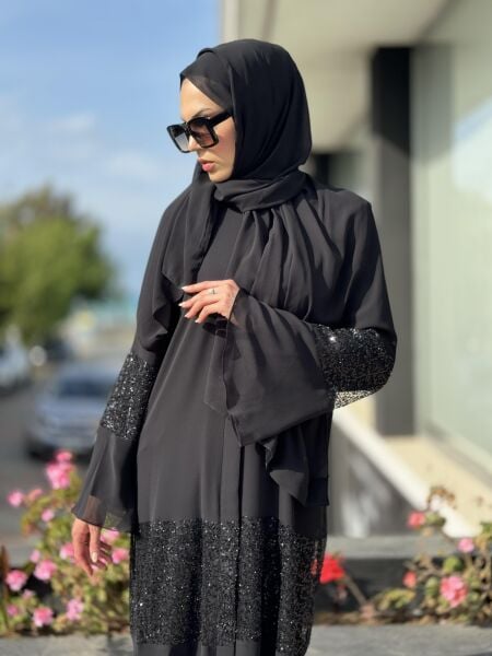 QEFFA Pul Payet Detaylı Şifon Siyah Ferace / Elbise Q163