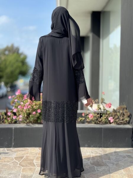 QEFFA Pul Payet Detaylı Şifon Siyah Ferace / Elbise Q163