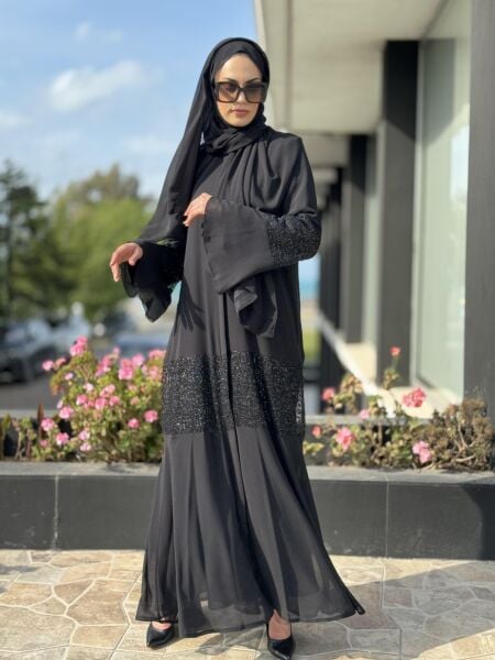 QEFFA Pul Payet Detaylı Şifon Siyah Ferace / Elbise Q163