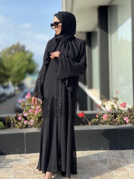 QEFFA Pul Payet Detaylı Şifon Siyah Ferace / Elbise Q163