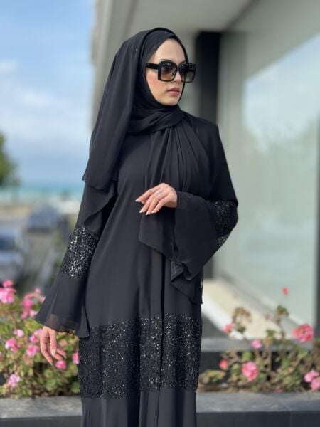 QEFFA Pul Payet Detaylı Şifon Siyah Ferace / Elbise Q163