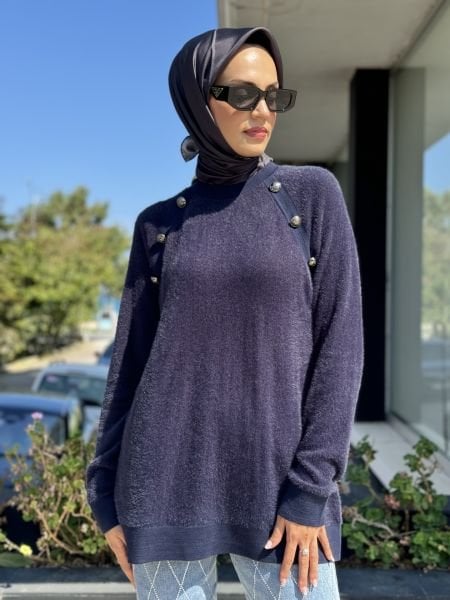Tığ Triko Düğme Detaylı Reglan Kol Mink Tunik TNK21586