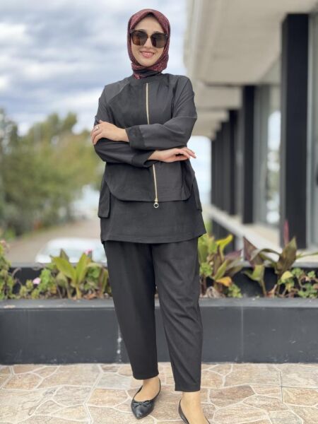 Ghisa Fermuar ve Paraşüt Kumaş Detaylı Nubuk Kap Pantolon Takım G4133