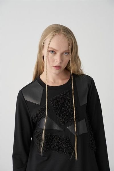 Almarwah Siyah Deri Detaylı Elbise (BLK304512)